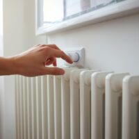 A white radiator with a hand turning down the heat
