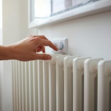 A white radiator with a hand turning down the heat