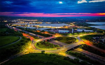 An aerial photo of Junction 5 of the M65 taken in the evening.