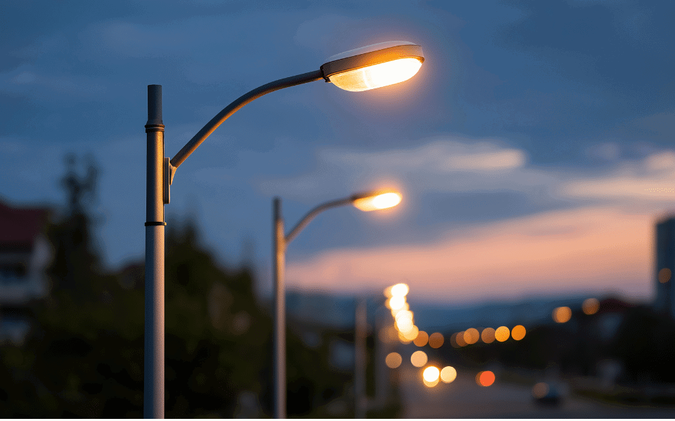 Street lamps lighting up a dark street.